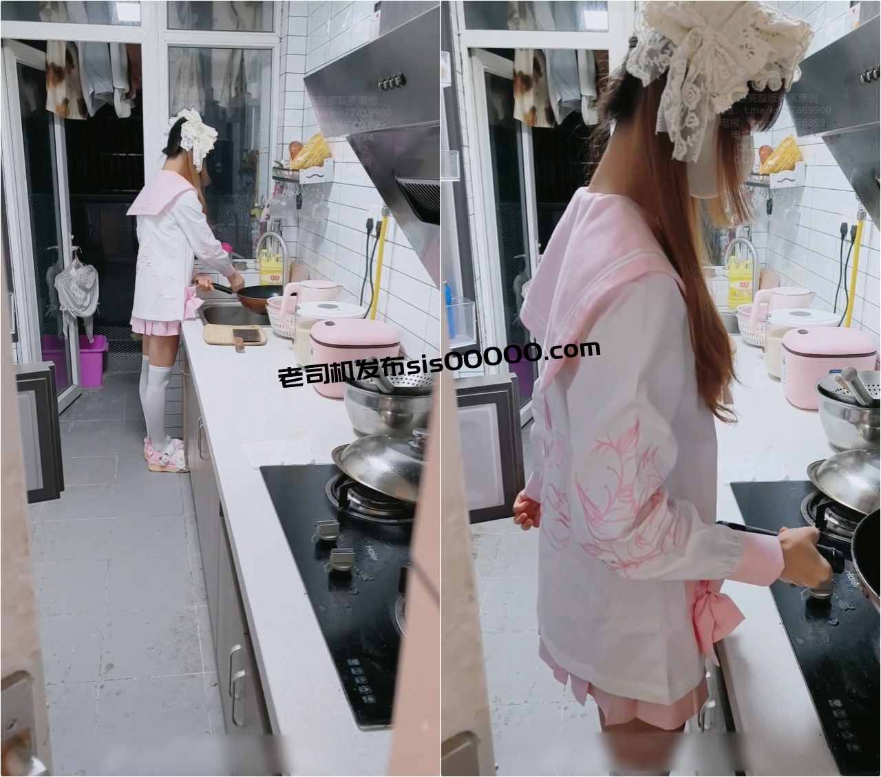 粉粉小厨娘做饭时被爸爸抱腰后入，小白袜玛丽珍鞋 超可爱的LO裙小女仆，又是被主人中出的一天